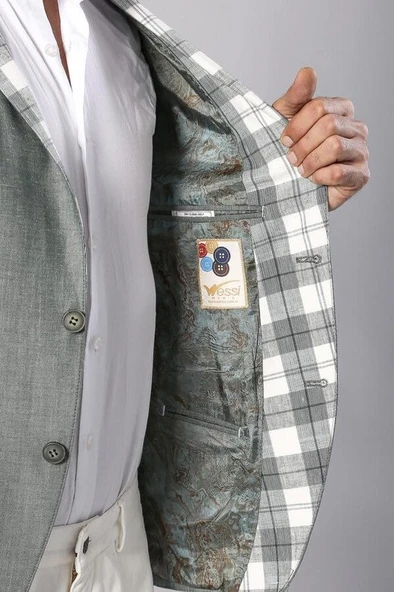 Yaka Ve Cep Ekose Garnili Haki Keten Ceket - Wessi - Resim 5