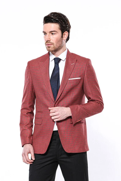 Kendinden Desenli Slim Fit Bordo Ceket - Wessi - Resim 5
