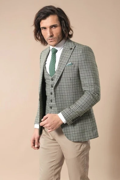 Ekose Haki Ceket Yelek Set - Wessi - Resim 3