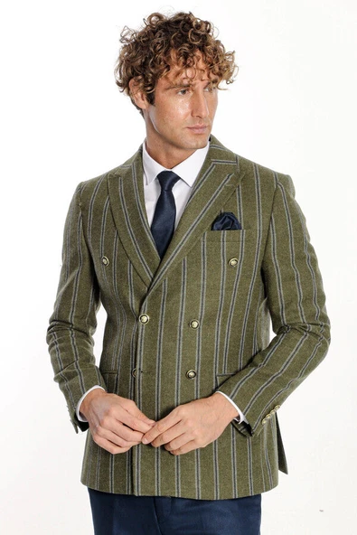 Geniş Yaka Çizgili Kruvaze Yeşil Yün Erkek Ceket - Wessi - Resim 7
