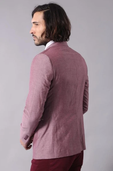 Yaka Ve Cep Ekose Garnili Bordo Ceket - Wessi - Resim 5