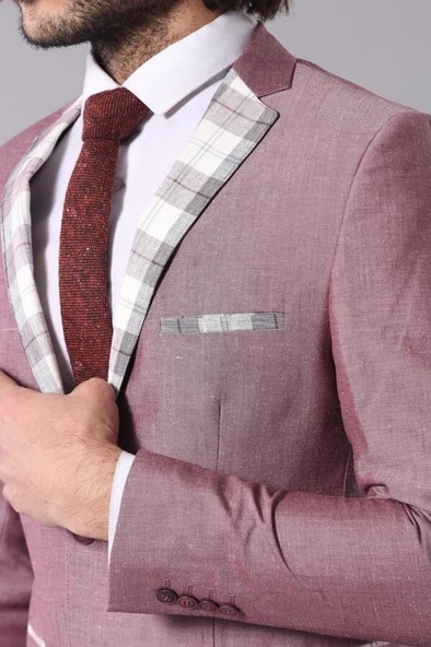 Yaka Ve Cep Ekose Garnili Bordo Ceket - Wessi - Resim 2