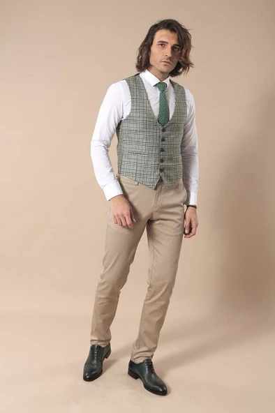 Ekose Haki Ceket Yelek Set - Wessi - Resim 7