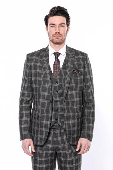 Ekose Desenli Slim Fit Siyah Erkek Ceket - Wessi - Resim 4