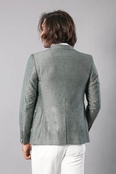 Yaka Ve Cep Ekose Garnili Haki Keten Ceket - Wessi - Resim 6