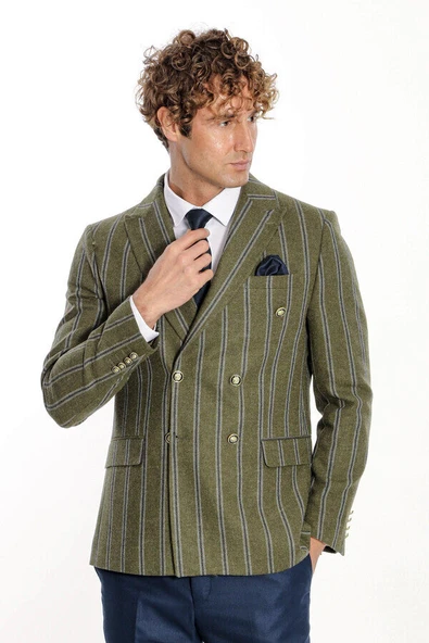 Geniş Yaka Çizgili Kruvaze Yeşil Yün Erkek Ceket - Wessi - Resim 4