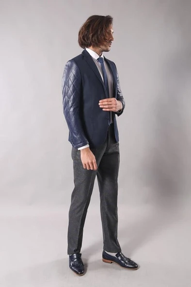 Kol Deri Kapitone Lacivert Kaşe Ceket - Wessi - Resim 4