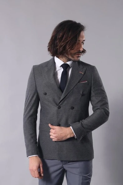 Kruvaze Slimfit Gri Ceket - Wessi - Resim 6