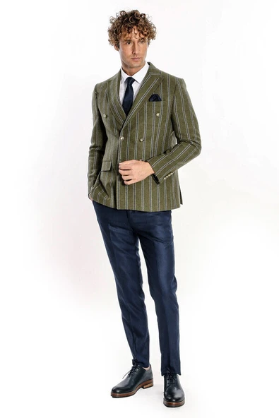Geniş Yaka Çizgili Kruvaze Yeşil Yün Erkek Ceket - Wessi - Resim 6