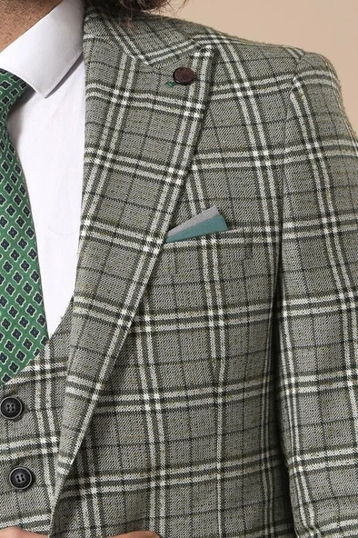 Ekose Haki Ceket Yelek Set - Wessi - Resim 2