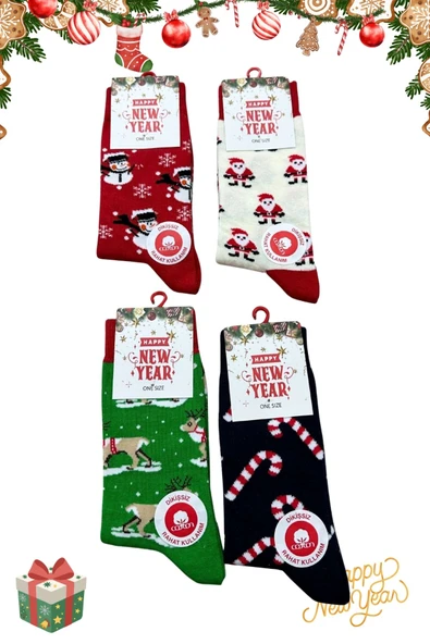 Yılbaşı Temalı Unisex Çorap Seti 4’lü – Noel Baba, Kardan Adam & Şeker Kamışı Desenli | 36-42 ürün görseli 1