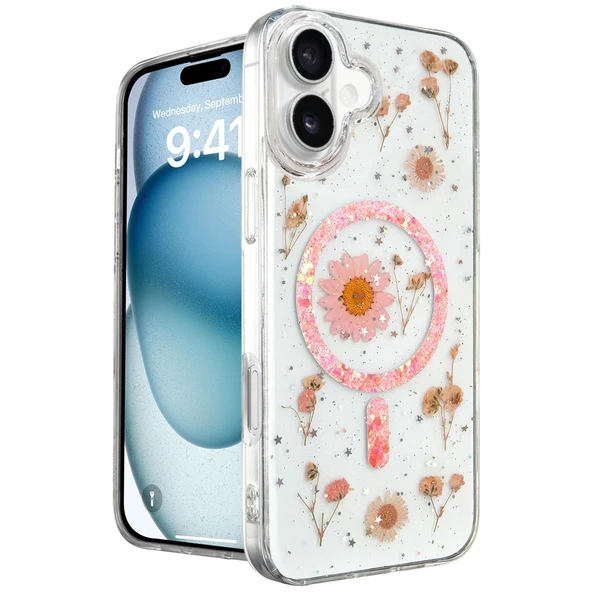 İphone 16 Kılıf Daisy Simli Magsafe Kapak - Pembe ürün görseli 1