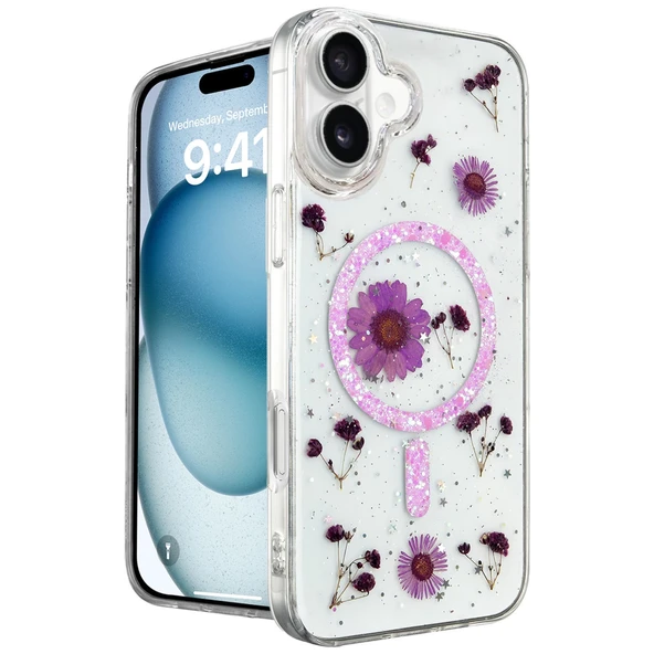 İphone 16 Kılıf Daisy Simli Magsafe Kapak - Mor ürün görseli 1