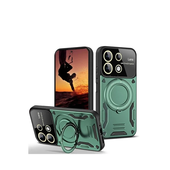 Xiaomi Redmi 13 4g Kılıf Joy Lens Standlı Kapak - Koyu Yeşil ürün görseli 1