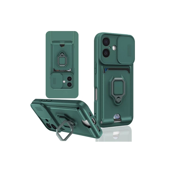 İphone 16 Kılıf Zuma Kartvizitli Yüzüklü Silikon - Yeşil ürün görseli 1