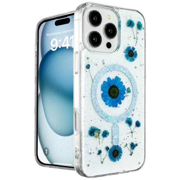 İphone 16 Pro Max Kılıf Daisy Simli Magsafe Kapak - Mavi ürün görseli 1