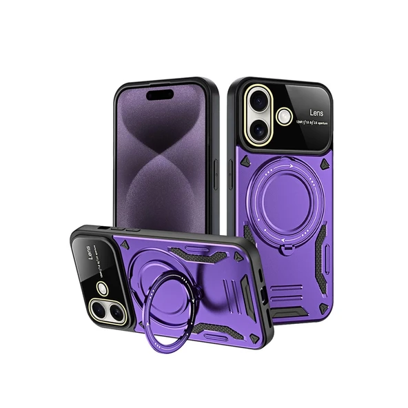İphone 16 Kılıf Joy Lens Standlı Kapak - Mor ürün görseli 1