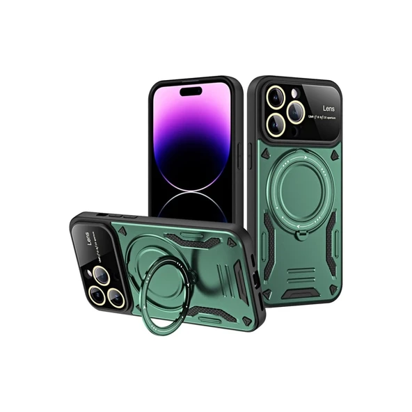 İphone 16 Pro Kılıf Joy Lens Standlı Kapak - Koyu Yeşil ürün görseli 1