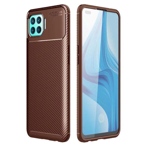 Oppo Reno 4 Lite Kılıf Auto Focus Karbon Kapak - Kahverengi ürün görseli 1