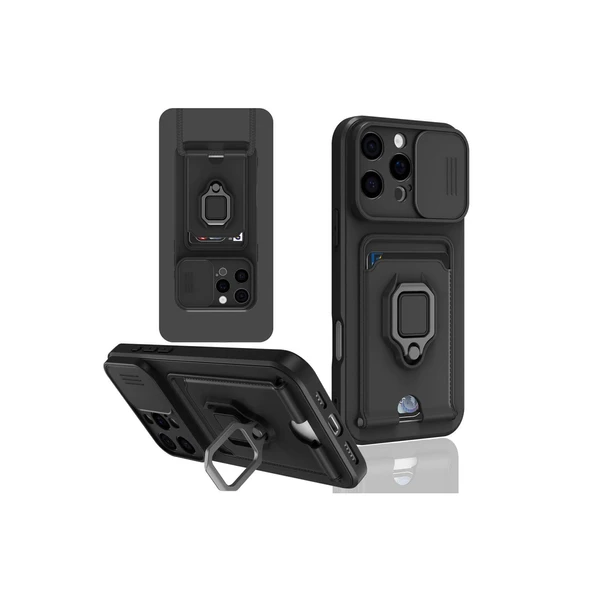 İphone 16 Pro Kılıf Zuma Kartvizitli Yüzüklü Silikon - Siyah ürün görseli 1