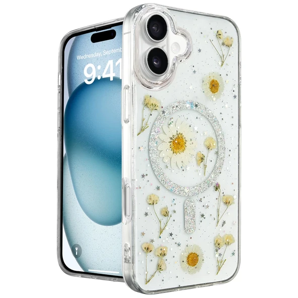 İphone 16 Kılıf Daisy Simli Magsafe Kapak - Gümüş ürün görseli 1