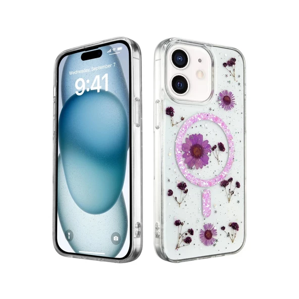 İphone 12 Kılıf Daisy Simli Magsafe Kapak - Mor ürün görseli 1