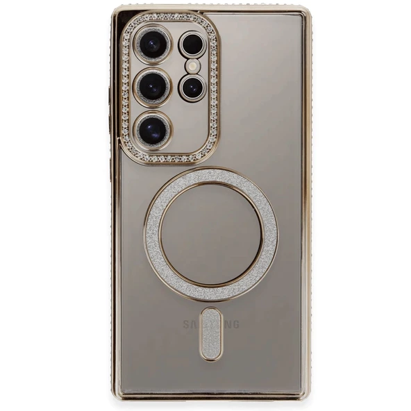 Samsung Galaxy S24 Ultra Kılıf Joke Simli Magneticsafe Kılıf - Gold - Resim 2