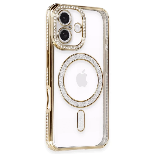 İphone 16 Plus Kılıf Joke Simli Magneticsafe Kılıf - Gold - Resim 2
