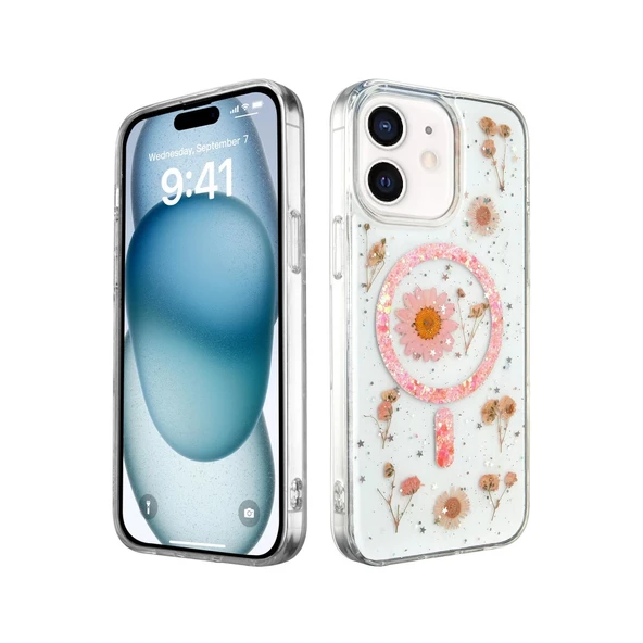 İphone 12 Kılıf Daisy Simli Magsafe Kapak - Pembe ürün görseli 1