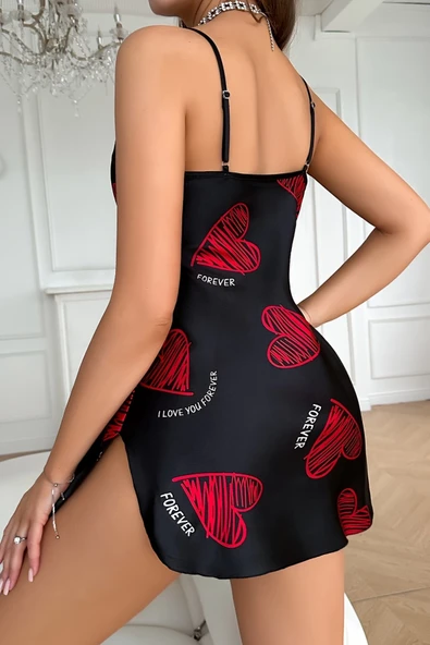 Büyük Kırmızı Kalp Desenli Siyah Saten Gecelik - Resim 4