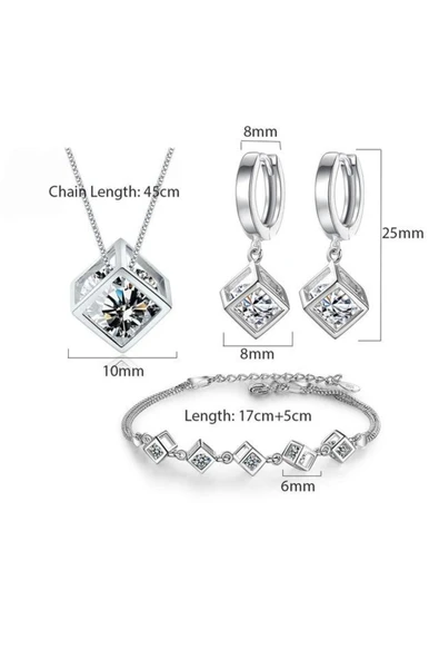 925 Ayar Sevgililer, Anneler Günü Hediyesi Küp Model Kolye Küpe Bilezik Gümüş Takı Seti - Resim 7