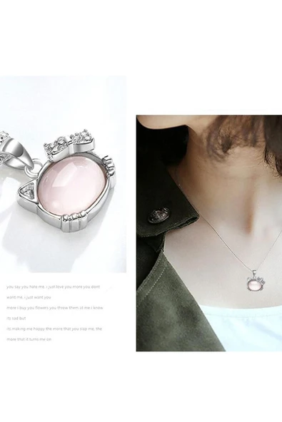 925 Ayar Gümüş Kedi Kafası Figürlü Taşlı Kadın Kolye - Resim 4