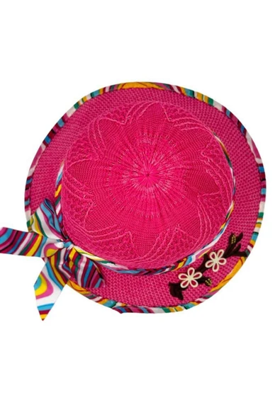 Kıds Kız Çocuk Şapkası Hasır Çiçek Figür Renkli Fiyonklu Model - Resim 2