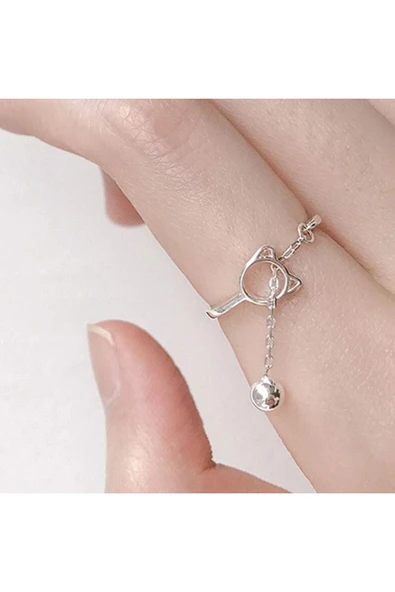 925 Ayar Çıngıraklı Kedi Figürlü Sallantılı Gümüş Yüzük Hediyelik - Resim 4