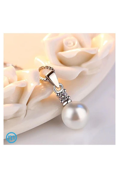 925 Ayar Gümüş Zirkon Taşlı Incili Zincirli Kolye Hediyelik - Resim 3