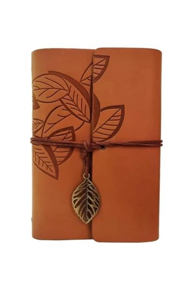 Yaprak Tasarımlı Deri Kapaklı Hatıra Anı Gnlük Defteri Kahverengi deri - Resim 8