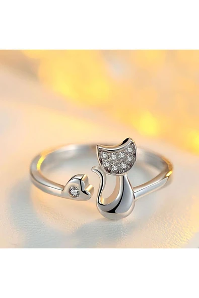 925 Ayar Gümüş Boyutlanabilir Sevimli Kedi Kadın Yüzük - Resim 3