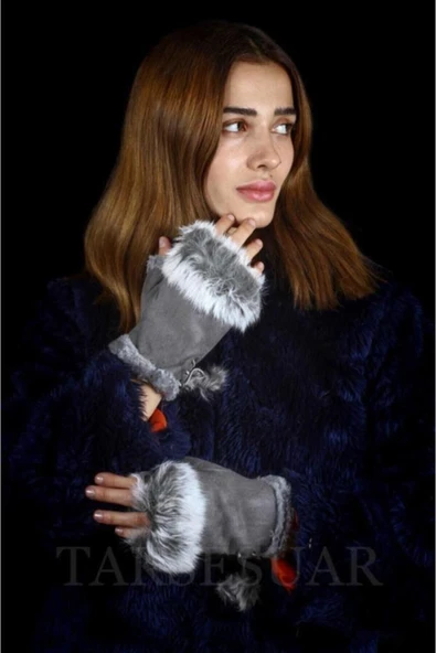 Kadın Eldiven Parmaksız Tasarım Kenarları Tüylü Model Ayarlanabilir Beden ürün görseli 1