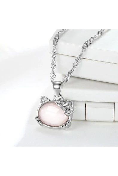 925 Ayar Gümüş Kedi Kafası Figürlü Taşlı Kadın Kolye - Resim 3