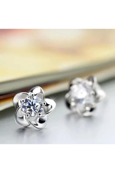 925 Ayar Gümüş Çiçek Kolye Saplama Küpe Seti - Gümüş - Resim 2