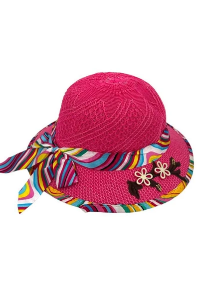 Kıds Kız Çocuk Şapkası Hasır Çiçek Figür Renkli Fiyonklu Model ürün görseli 1