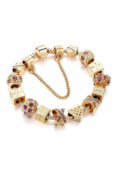 14k Altın Kaplama Avusturya Kristali Kalp Detaylı Charmlı Kadın Bileklik ürün görseli 1