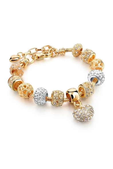 14k Altın Kaplama Avusturya Kristali Kalp Detaylı Charmlı Kadın Bileklik ürün görseli 1