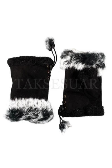 Kadın Eldiven Parmaksız Tasarım Kenarları Tüylü Model Ayarlanabilir Beden - Resim 2