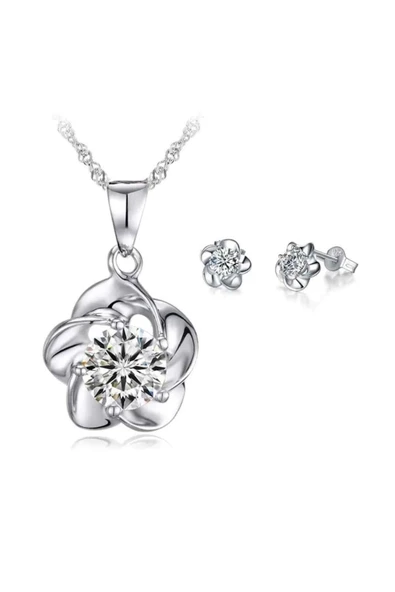 925 Ayar Gümüş Çiçek Kolye Saplama Küpe Seti - Gümüş ürün görseli 1