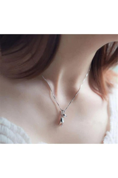 Gümüş Tiny Sevimli Kedi Kadın Kolye-parlak Sevgililer Günü Hediyelik - Resim 3