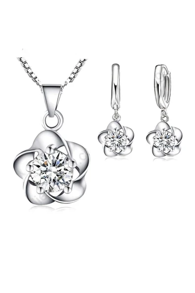 925 Ayar Gümüş Çiçek Kolye Kanca Küpe Seti Sevgiliye Hediye ürün görseli 1