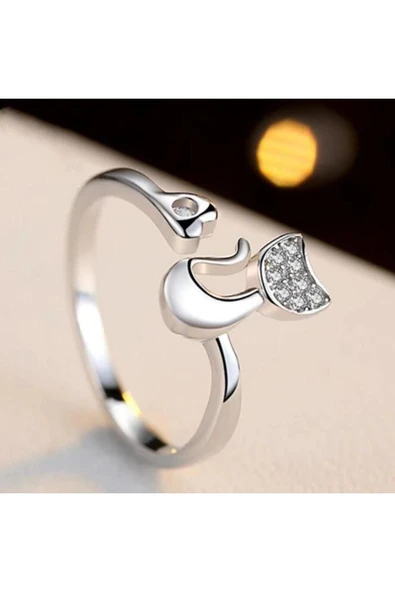 925 Ayar Gümüş Boyutlanabilir Sevimli Kedi Kadın Yüzük - Resim 5