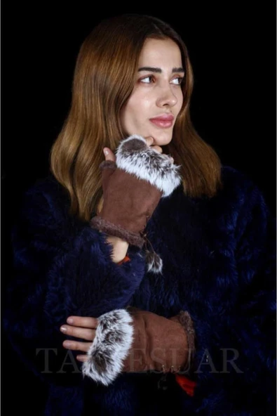 Kadın Eldiven Parmaksız Tasarım Kenarları Tüylü Model Ayarlanabilir Beden ürün görseli 1