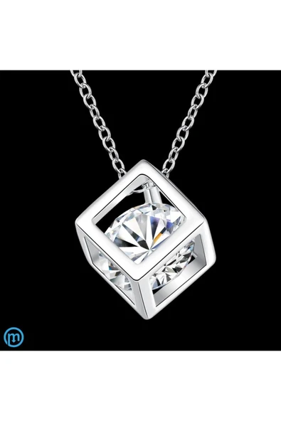 925 Ayar Gümüş Küp Zar Şeklinde Kristal Taşlı Kolye Hediyelik - Resim 4